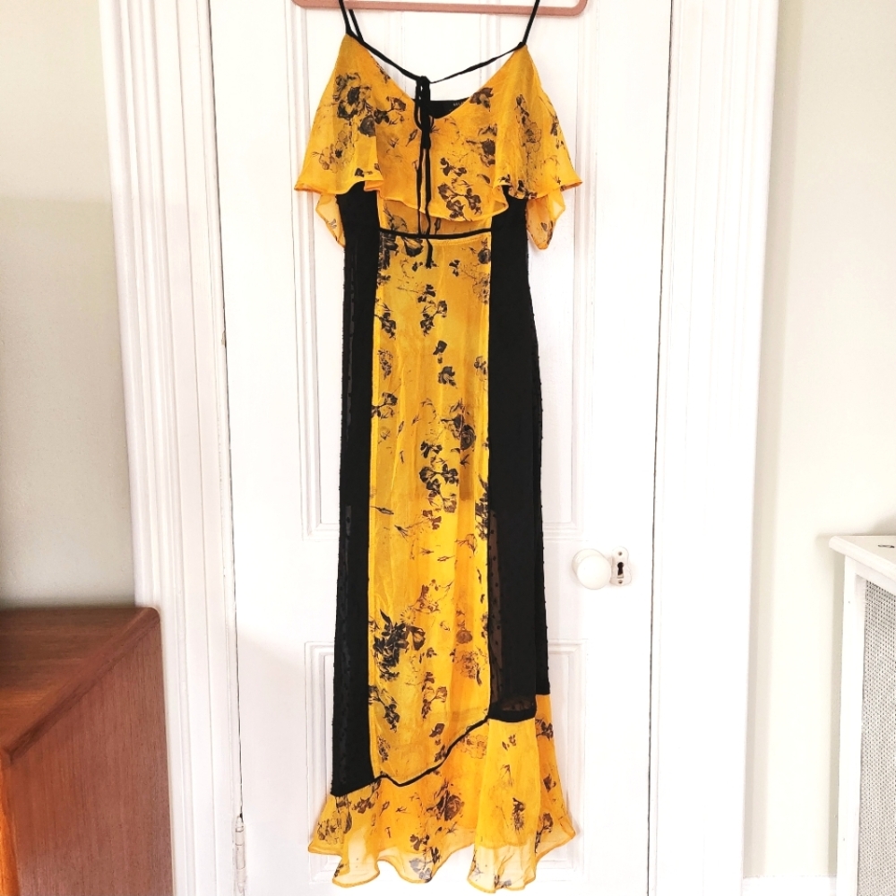 Religion Off Shoulder Yellow Floral Ruffle And Black Swiss Dot Maxi Dress - Picture 1 of 11